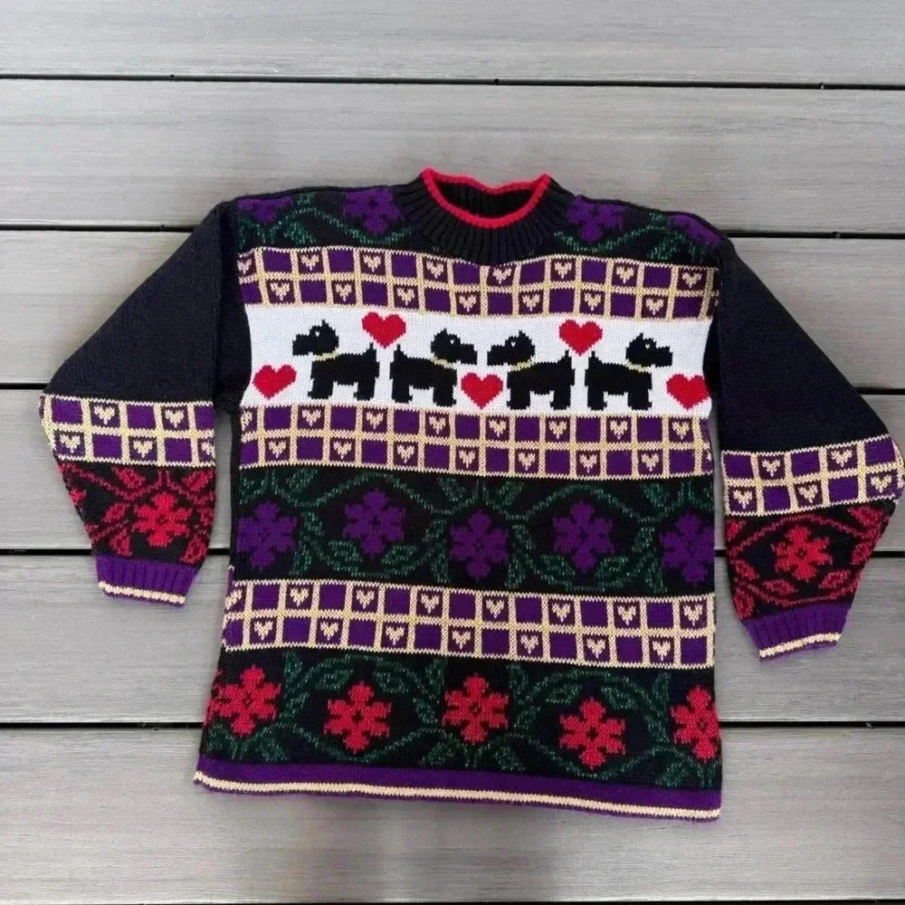 Vintage Separate Issue Kids Acrylic Sweater Size Medium Scottie Dog Hearts‎